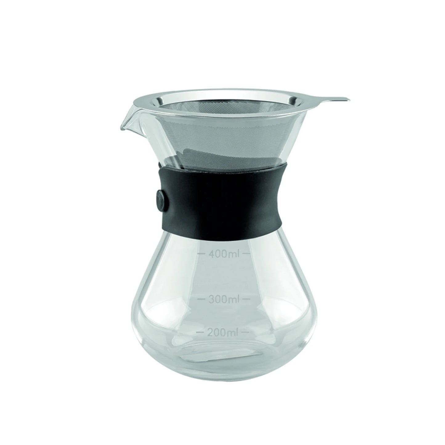 Cafetera con colador en vidrio y acero inox.