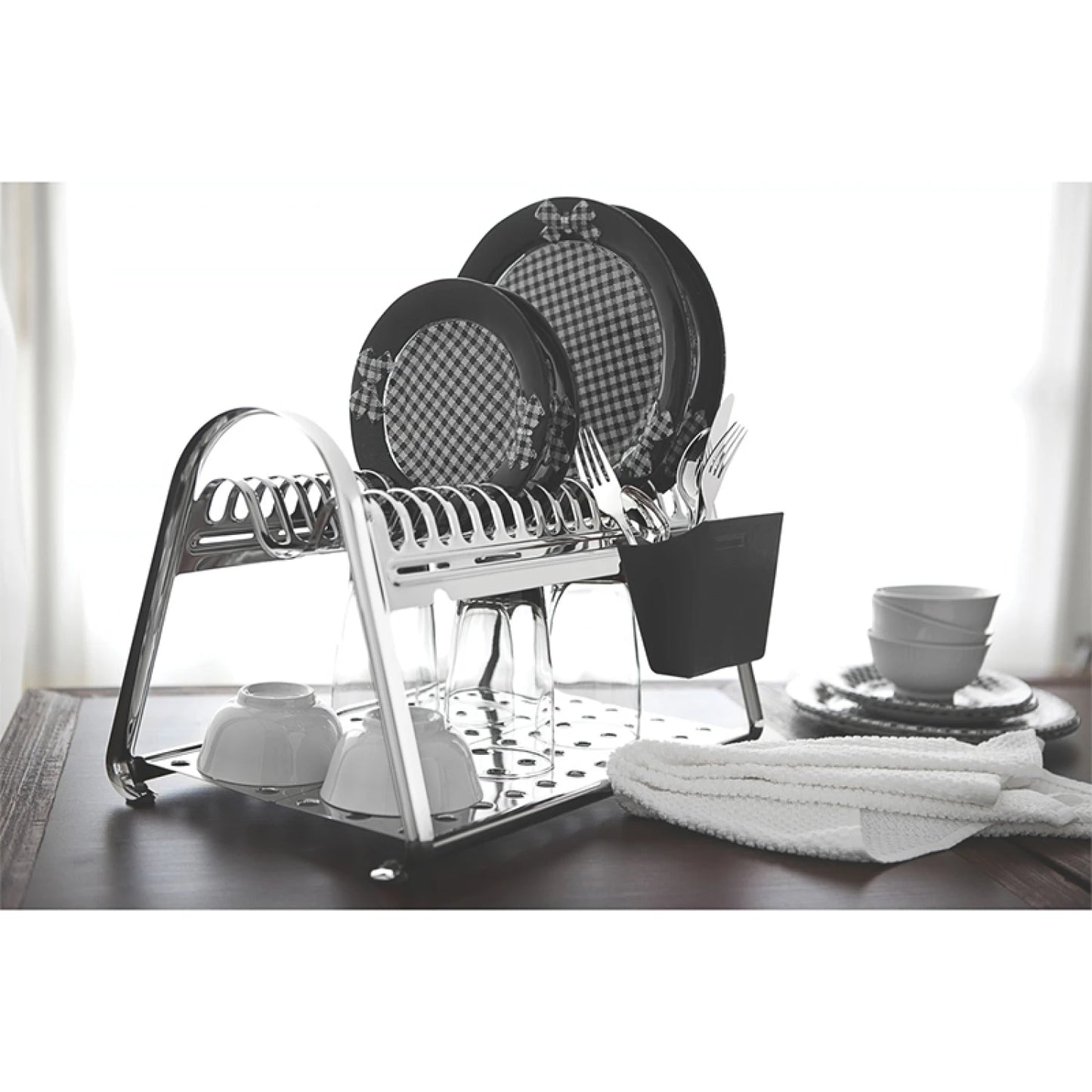 Escurridor para platos en cromo y negro, modelo CICLO