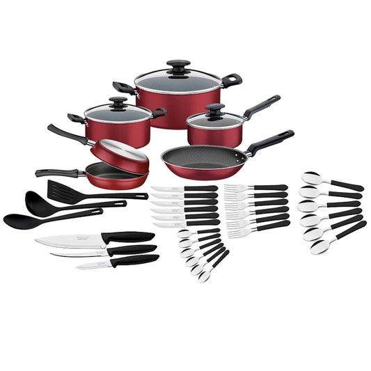 Batería de cocina roja + cubiertos, 38 piezas