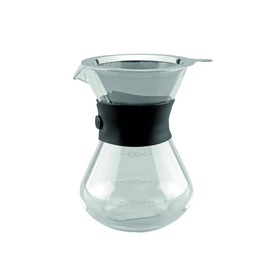 Cafetera con colador en vidrio y acero inox.