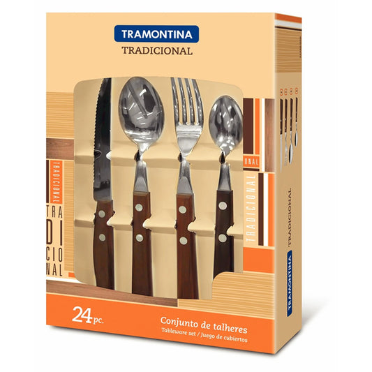 Juego de cubiertos con mango de madera, modelo TRADICIONAL, 24 piezas